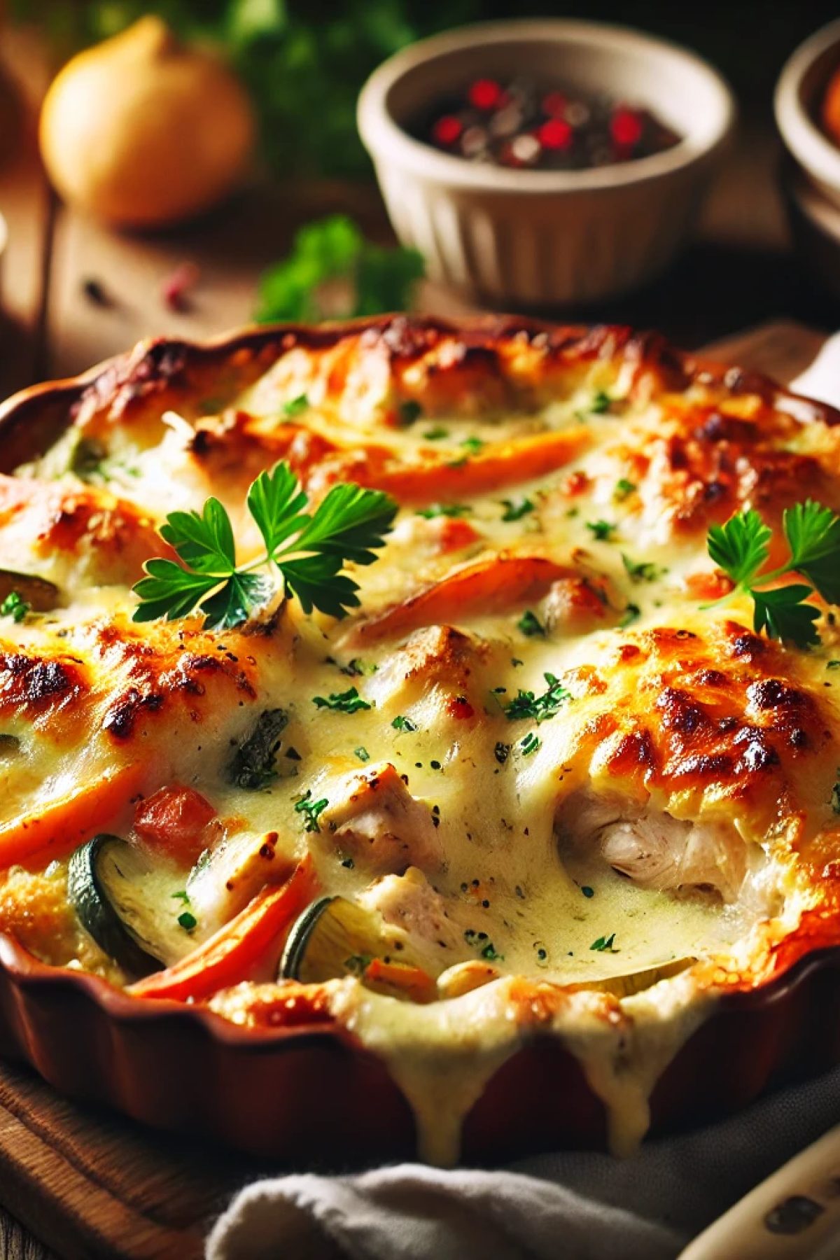 Slika jela Kremasti Pileći Gratin sa Povrćem i Sirom