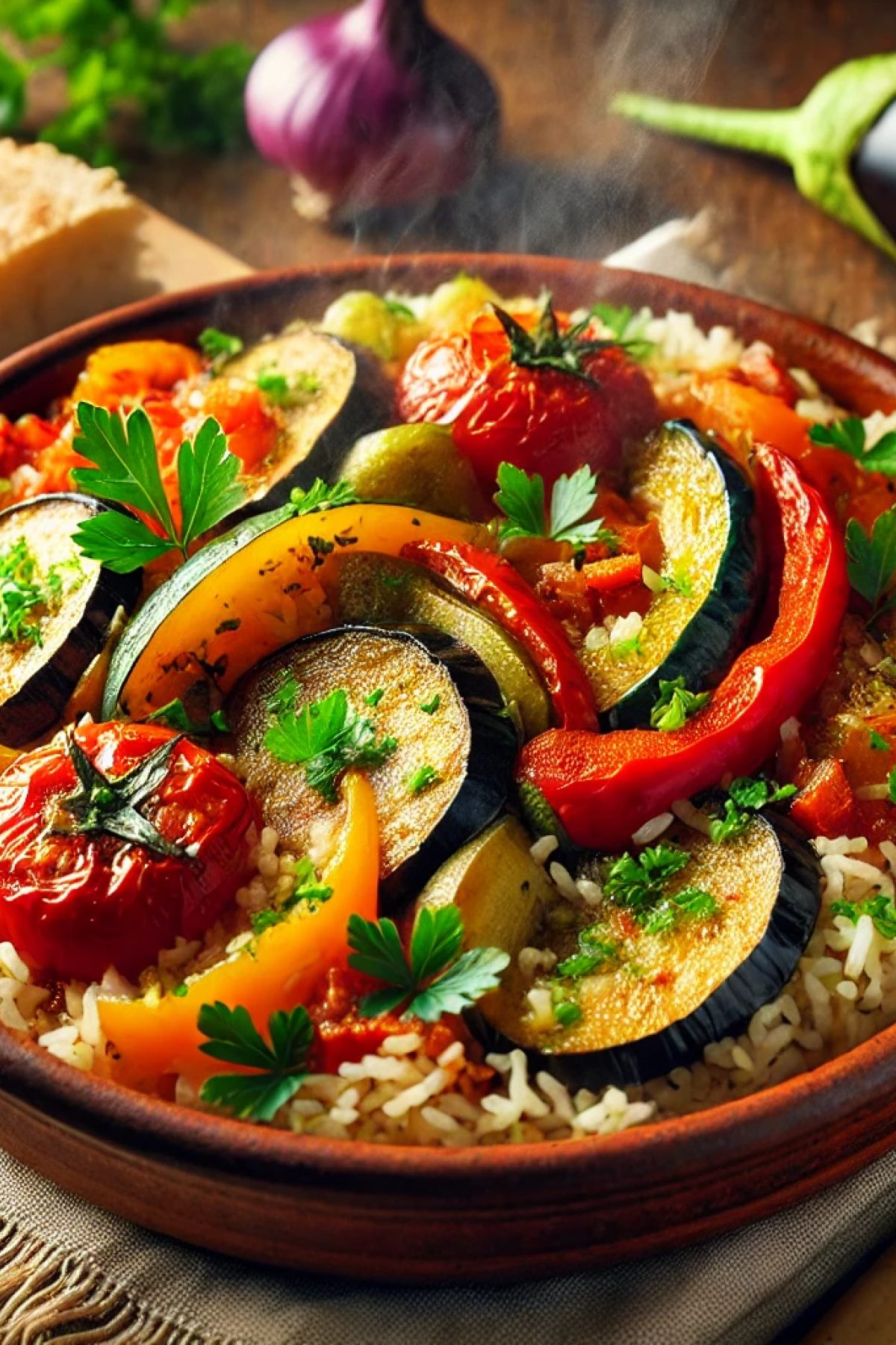 Slika jela 🥘 Đuveč sa povrćem i pirinčem – Posno jelo puno boja i ukusa