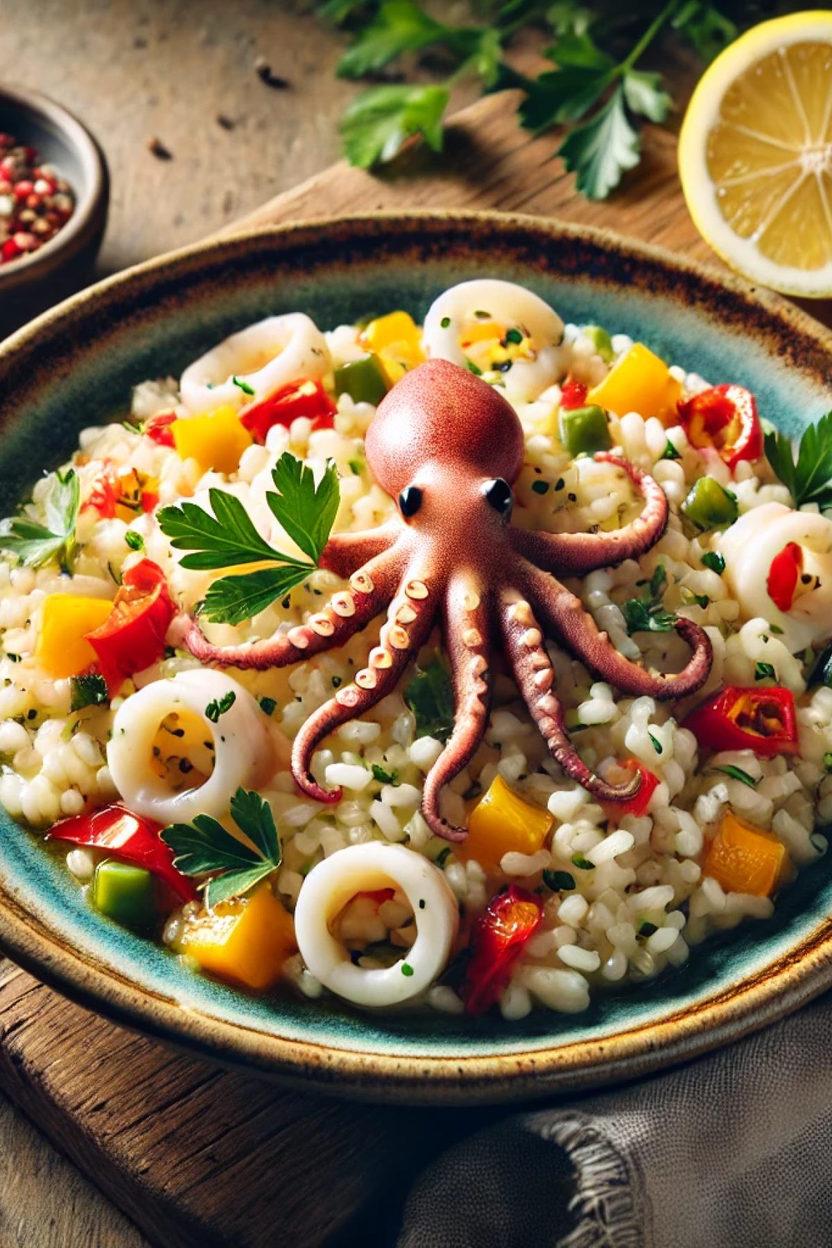 Slika jela 🦐 Posni rižoto sa lignjama i povrćem – Mediteranski duh na tanjiru