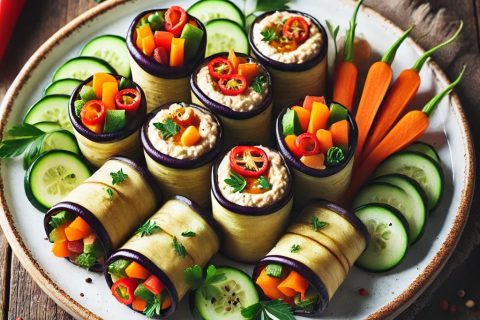 🍆 Rolatići od Plavog Patlidžana sa Humusom i Povrćem – Posno i Elegantno Predjelo