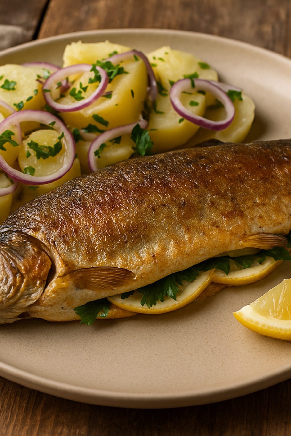 Slika jela 🐟🥔 Pečena pastrmka sa krompir salatom