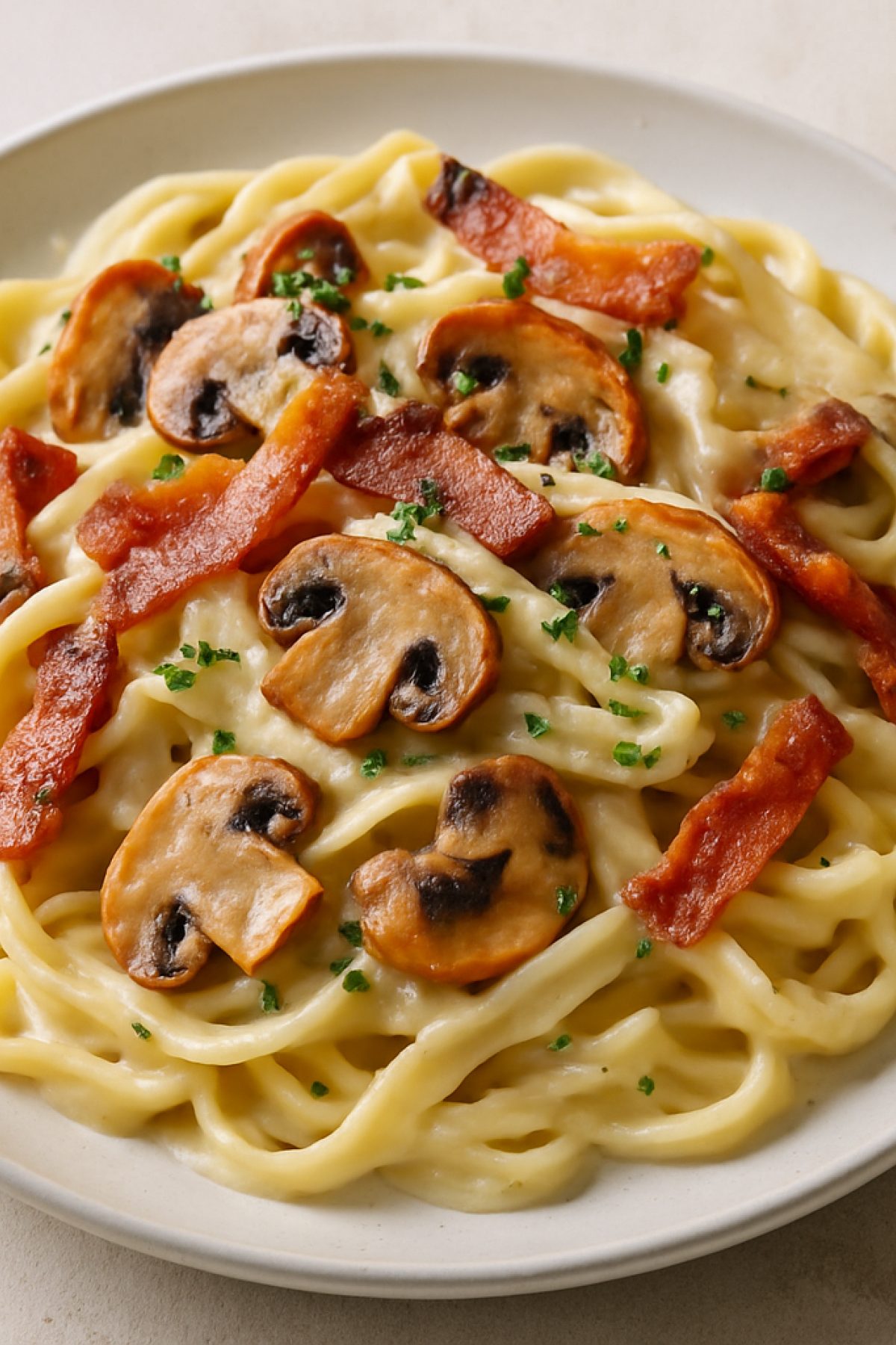 Slika jela 🍝🥓 Kremasta testenina sa slaninom i pečurkama