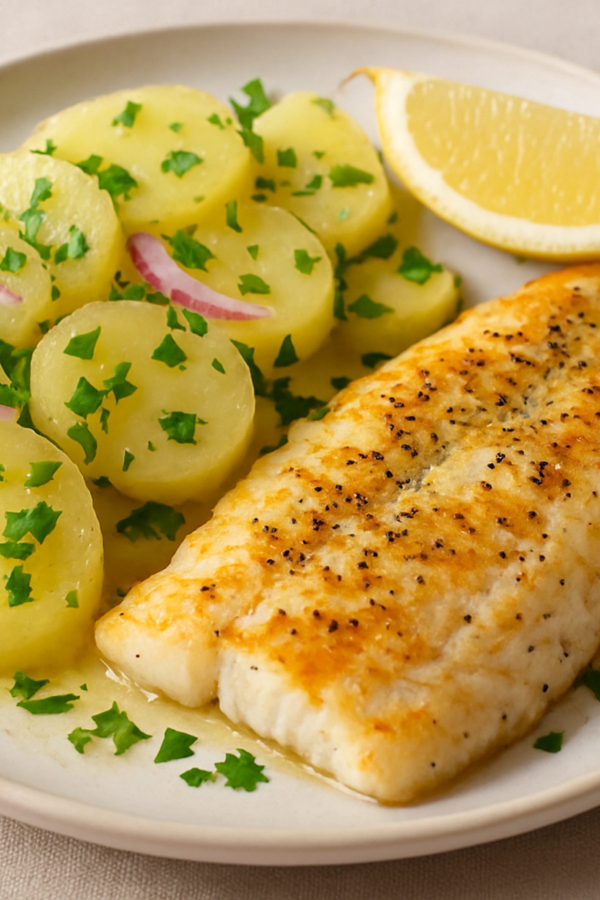Slika jela 🐟🥔 Pečena riba sa krompir salatom – lagan, a pun obrok