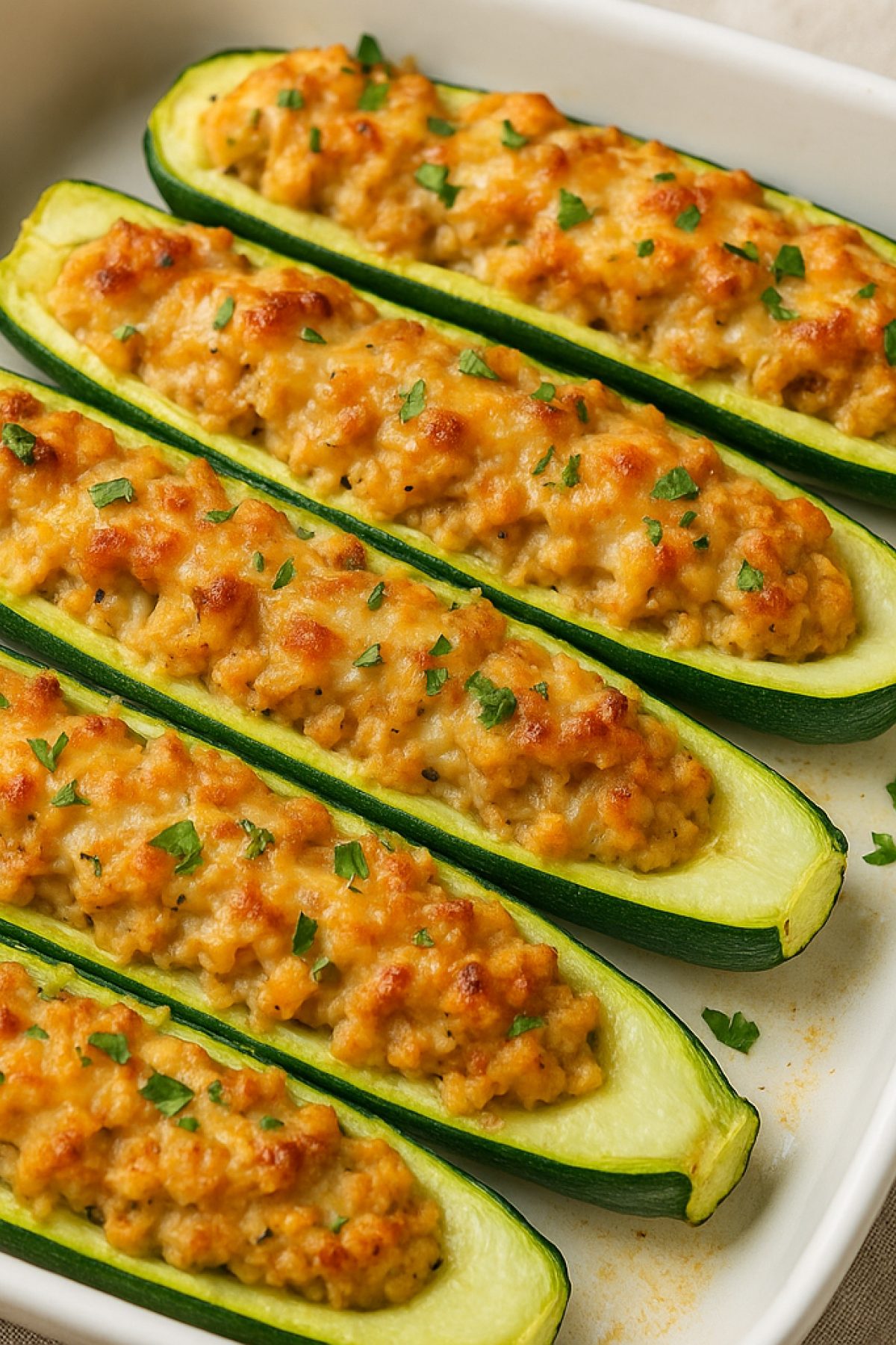 Slika jela 🥒 Hrskave tikvice punjene sirom i piletinom – pečeno, a topi se u ustima 🍗🧀