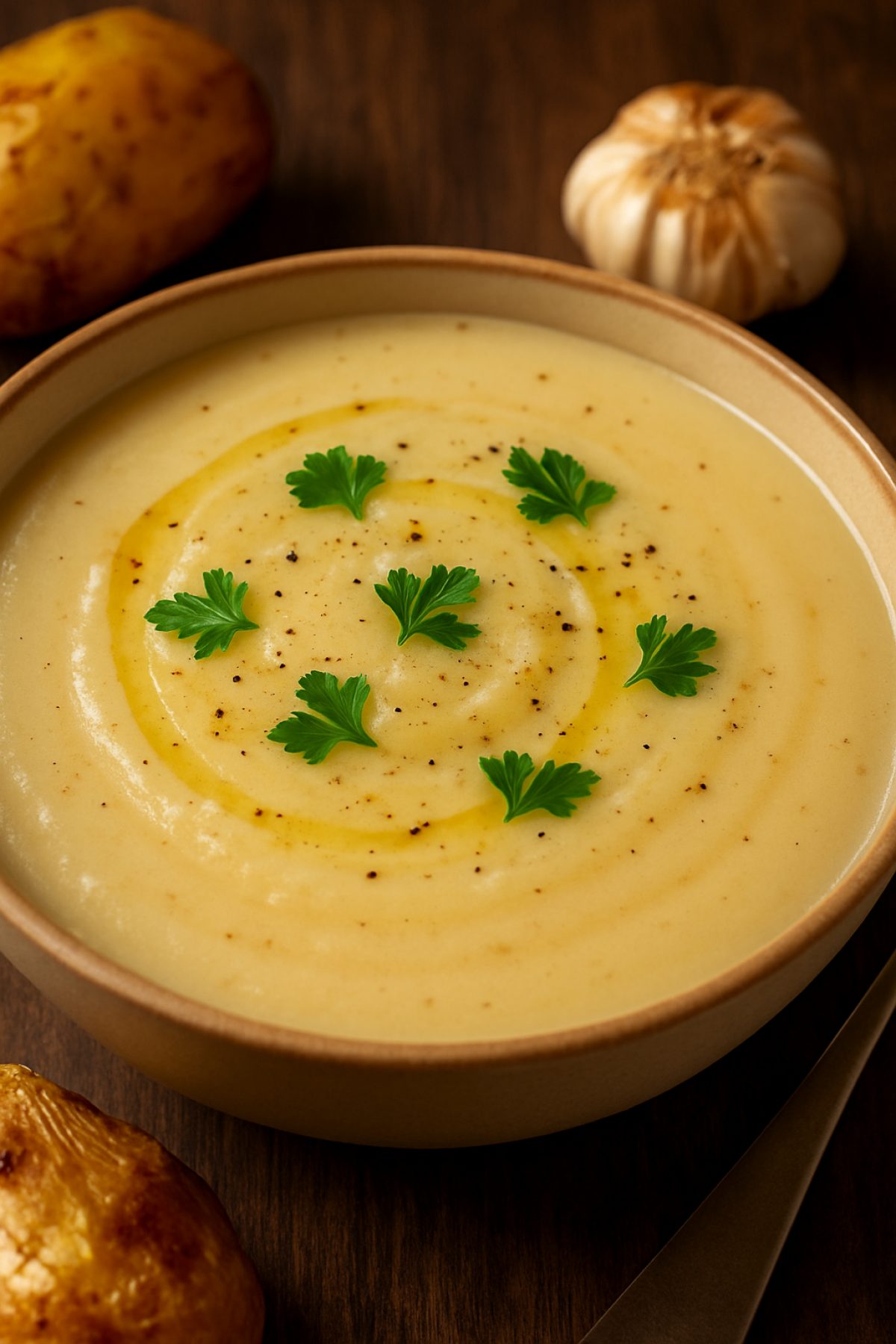 Slika jela 🥔 Krem supa od pečenog krompira i belog luka – bogata, nežna i zapečena do ukusa