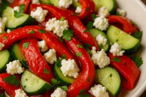 🥒 Balkanska salata sa pečenim paprikama i mladim sirom – slano, sveže i miriše na leto