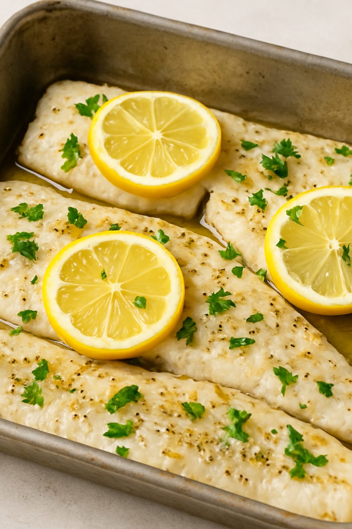 Slika jela 🐟 Fileti oslića iz rerne sa belim lukom i limunom – lagano, aromatično, bez greške