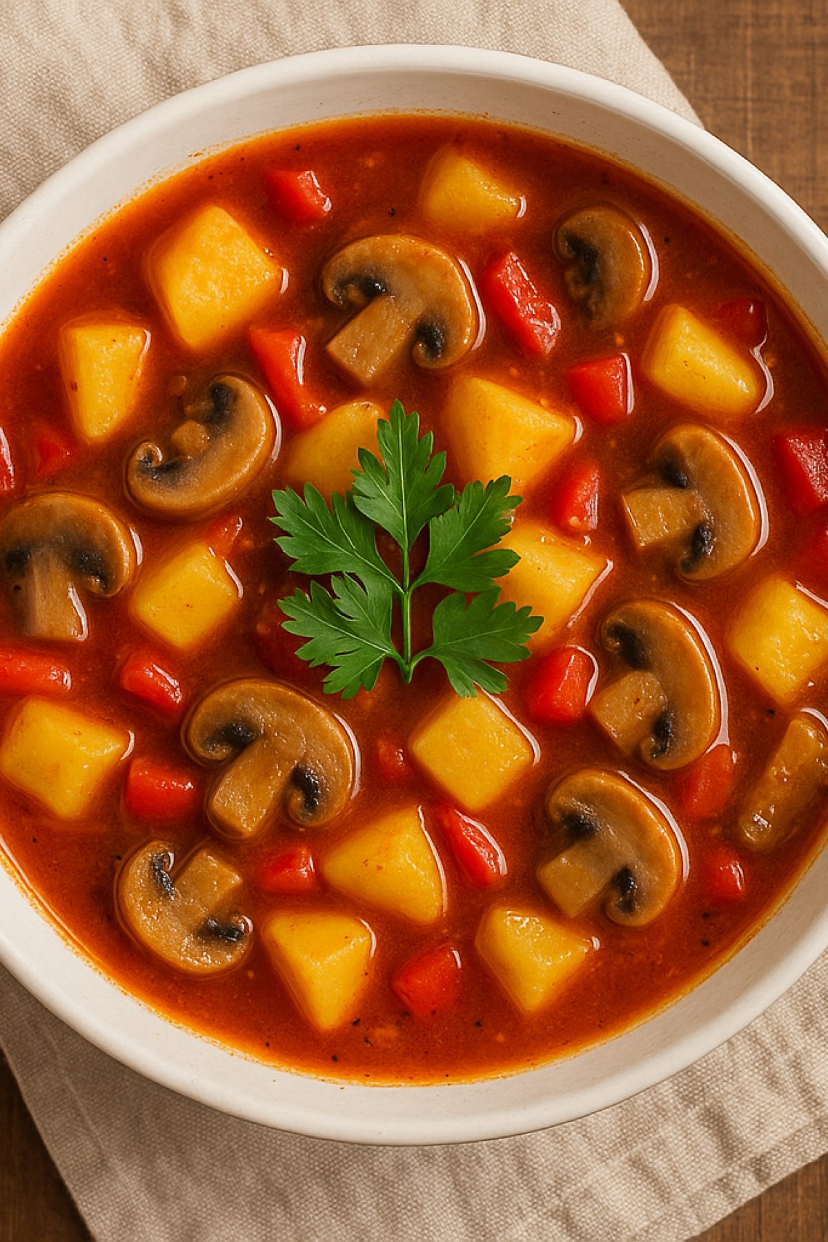 Slika jela 🥘 Posna paprikaš čorba sa krompirom i šampinjonima – zasiti, greje i miriše domaće