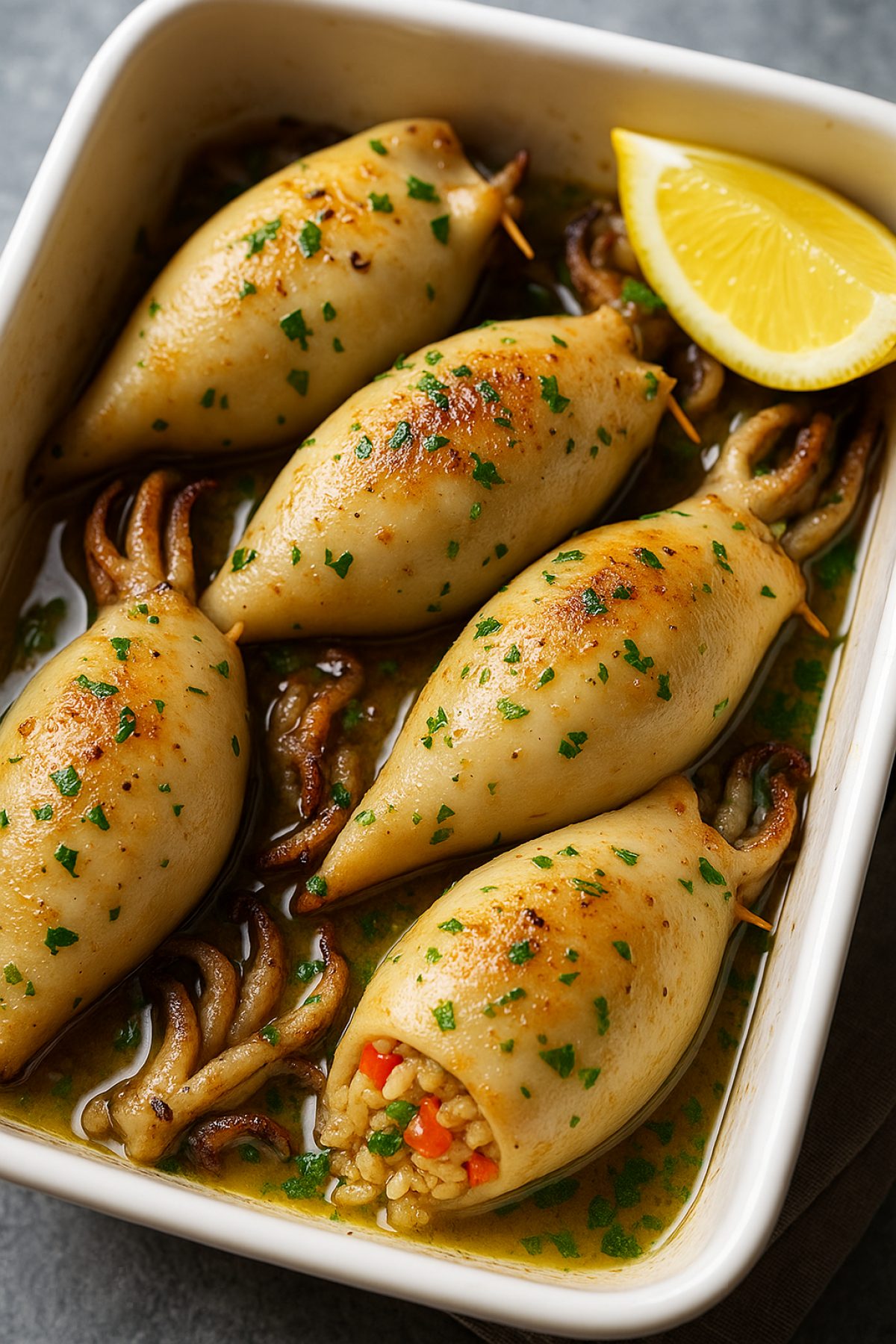 Slika jela 🐙 Lignje punjene povrćem i pirinčem – mediteranski klasik iz rerne 🌿
