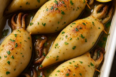 🐙 Lignje punjene povrćem i pirinčem – mediteranski klasik iz rerne 🌿