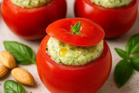 🍅 Paradajz punjen kremom od badema i bosiljka – lagano, letnje, drugačije