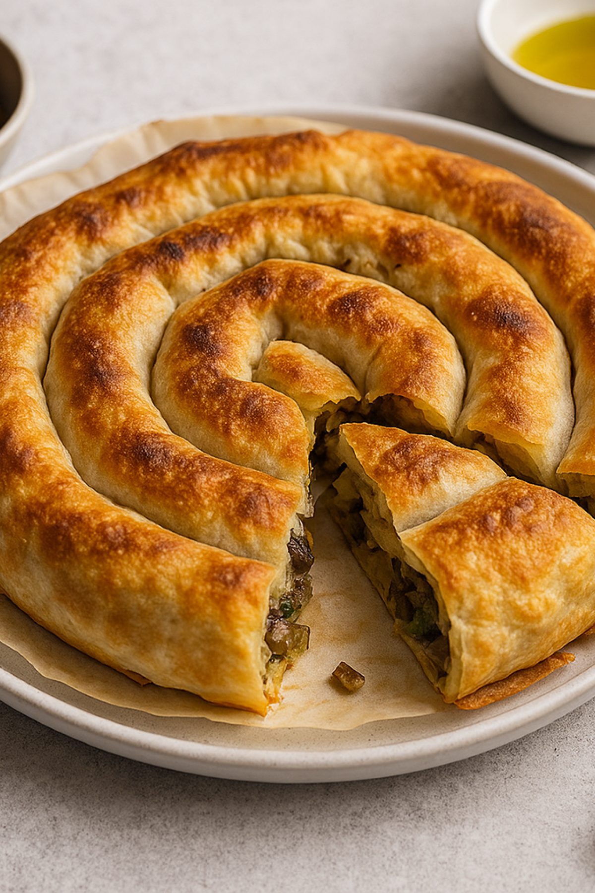 Slika jela 🥟 Hrskavi posni burek sa pečurkama i prazilukom – jednostavno, jako i domaće