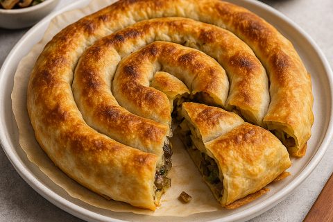 🥟 Hrskavi posni burek sa pečurkama i prazilukom – jednostavno, jako i domaće