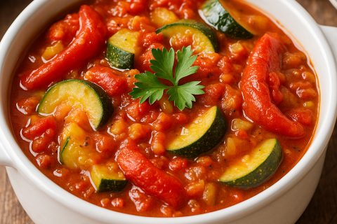 🍅 Sataras sa tikvicama i pečenom paprikom – lagano, brzo, miriše na leto