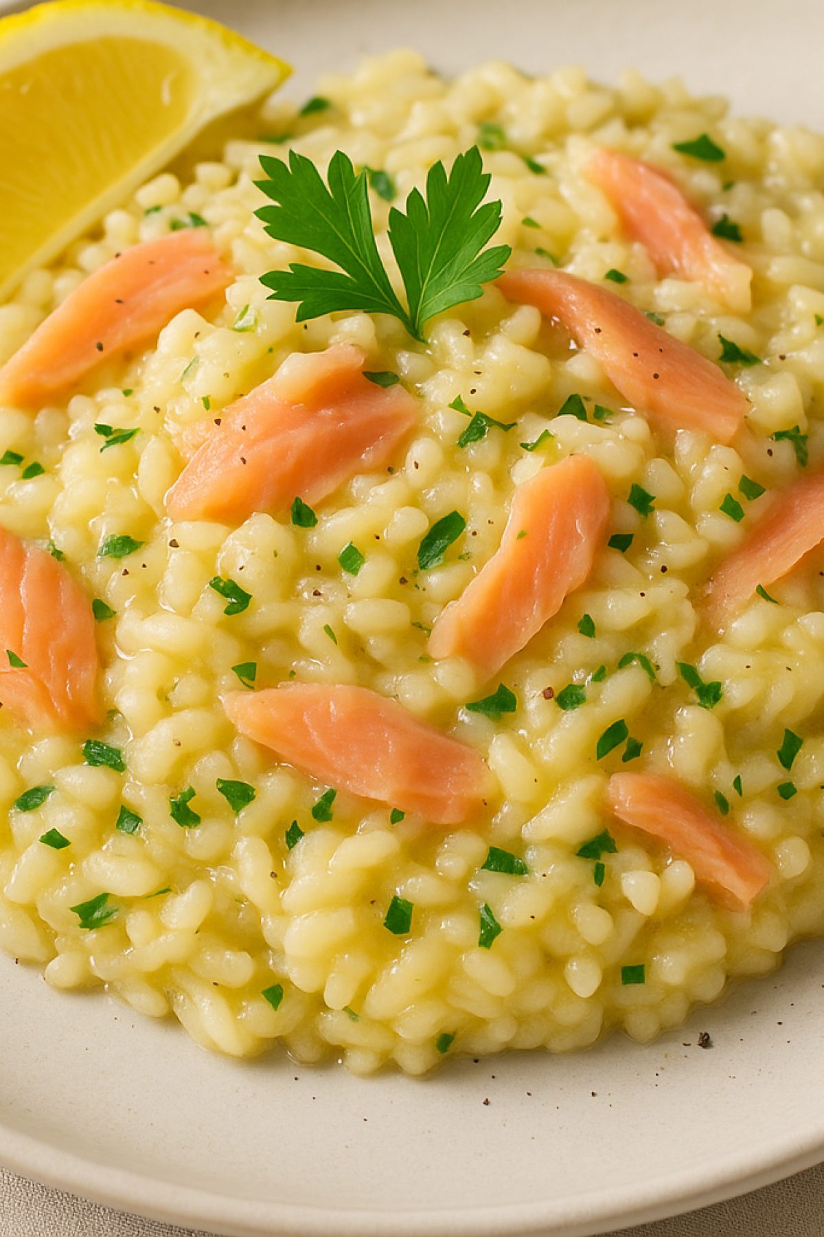 Slika jela 🐟 Rižoto sa dimljenim lososom i limunom – kremasto, mirisno, gotovo za pola sata