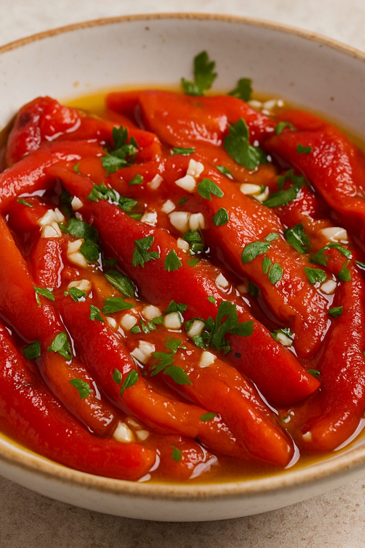 Slika jela 🫑 Salata od pečenih paprika i belog luka – mirisna, hladna i savršena uz hleb