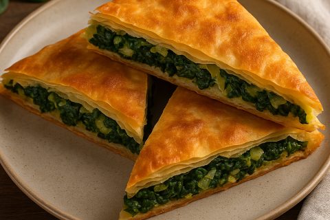 🌿 Posna pita sa spanaćem i prazilukom – mirisna, zlatna, bez jaja