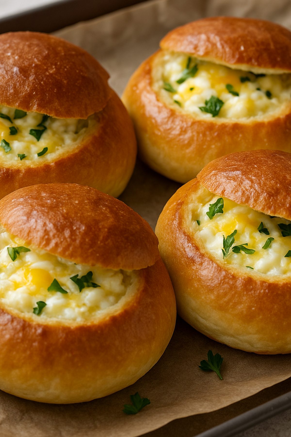 Slika jela 🧀 Zapečene punjene lepinje sa sirom i jajima – meke, tople, za doručak iz snova