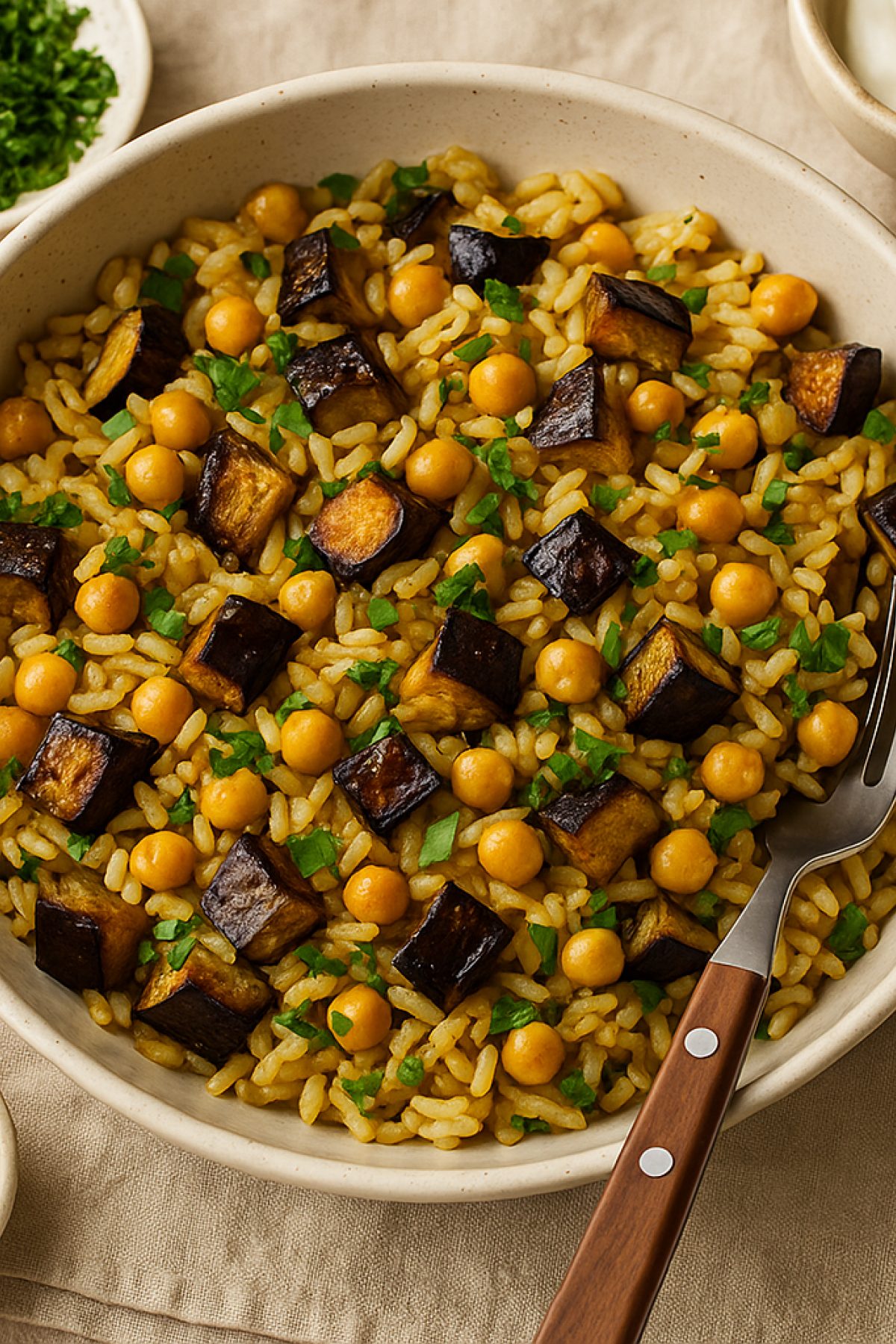 Slika jela 🥘 Aromatični pirinač sa leblebijama i pečenim patlidžanom