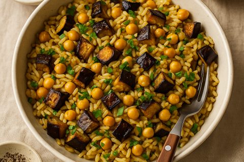 🥘 Aromatični pirinač sa leblebijama i pečenim patlidžanom