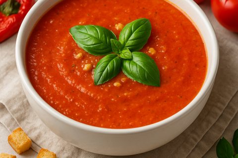 🍅 Hladna paradajz čorba sa paprikom i bosiljkom – letnja kašika osveženja!