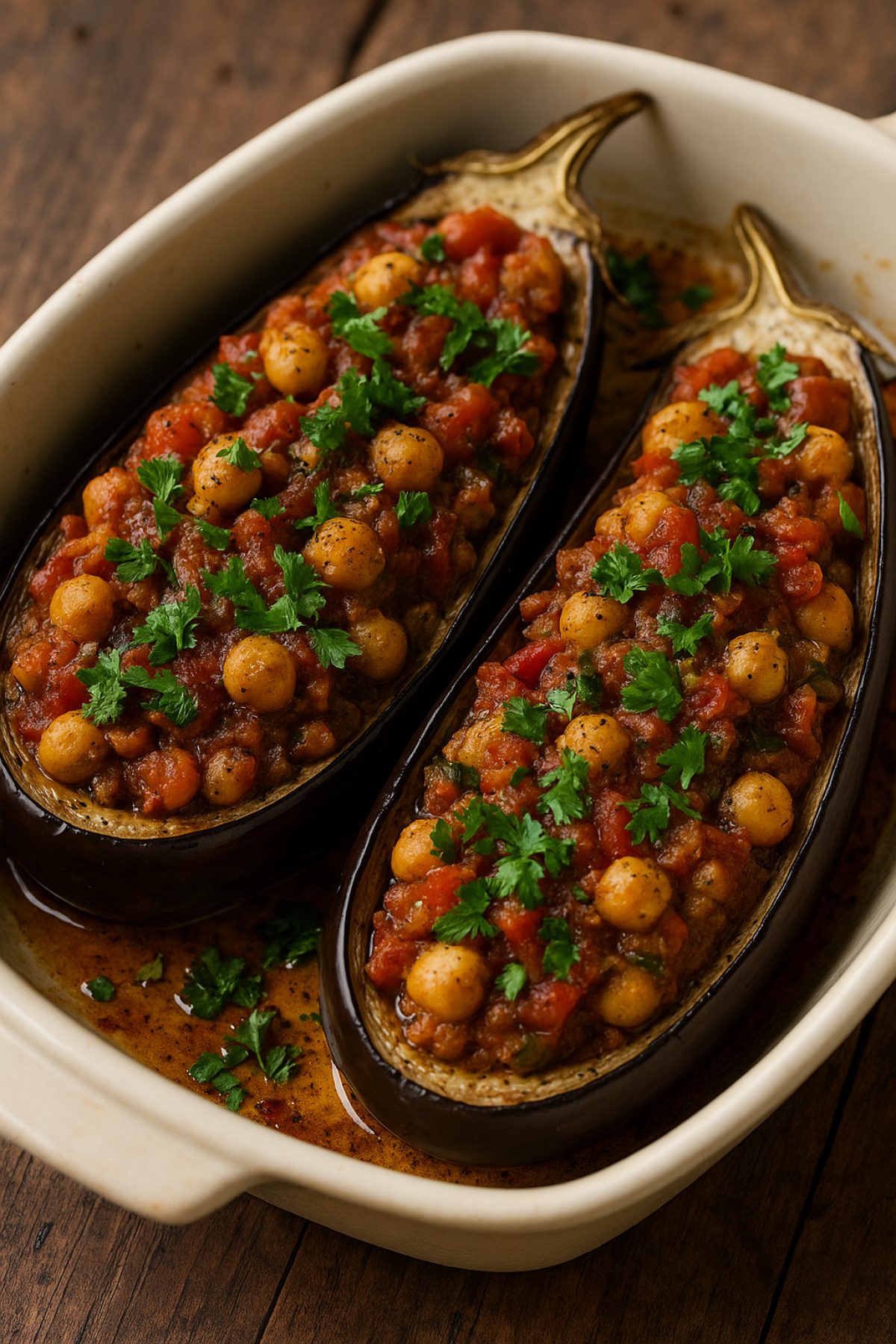 Slika jela 🍆 Patlidžan punjen leblebijama i paradajzom (vegan)