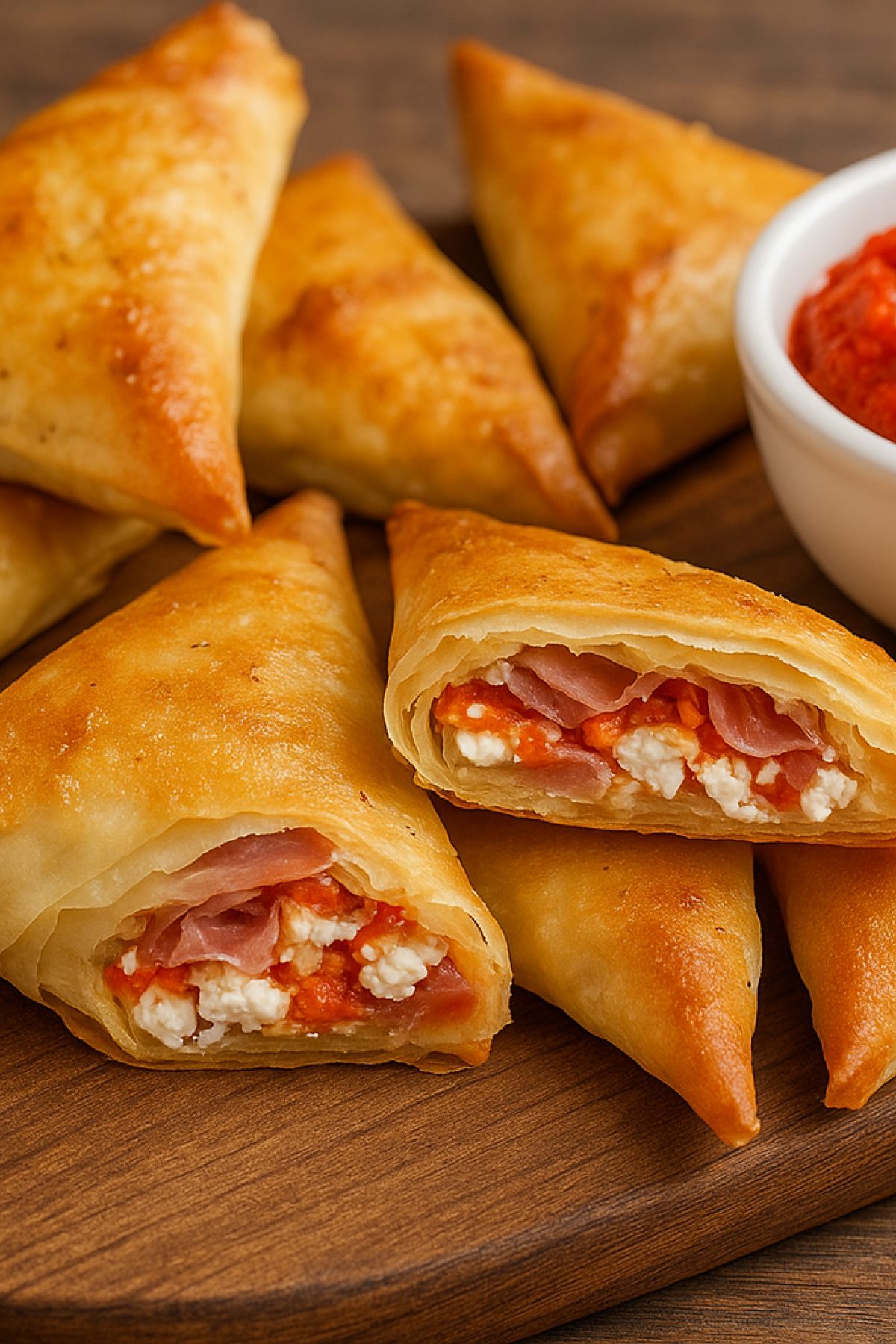 Slika jela 🥟 Hrskavi Trouglići sa Sirom, Ajvarom i Pršutom 🧀🌶️🥓