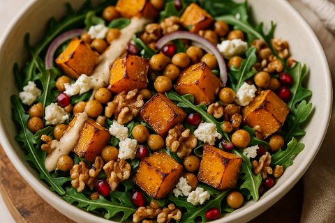 🥗🎃 Topla salata od pečene bundeve i leblebija (sa tahini–limun prelivom)