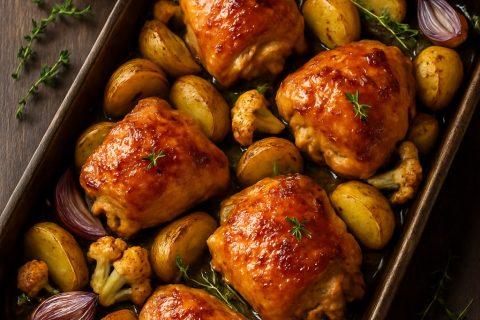 🍗🥔 Pileći butovi „sheet-pan“ sa krompirom, karfiolom i med-senf glazurom