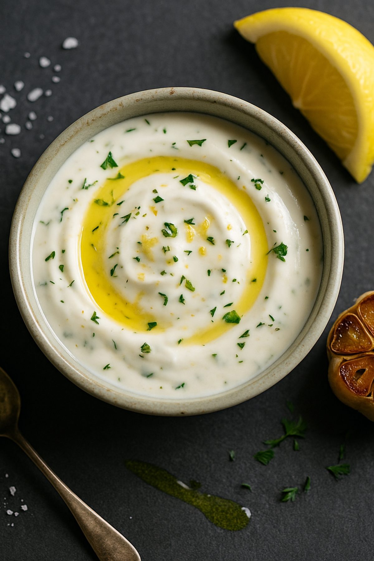 Slika jela 🍋🧄 Jogurt sos sa pečenim belim lukom i limunom