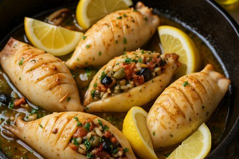 🦑🍋 Lignje punjene pirinčem i mediteranskim biljem (pečene u rerni)