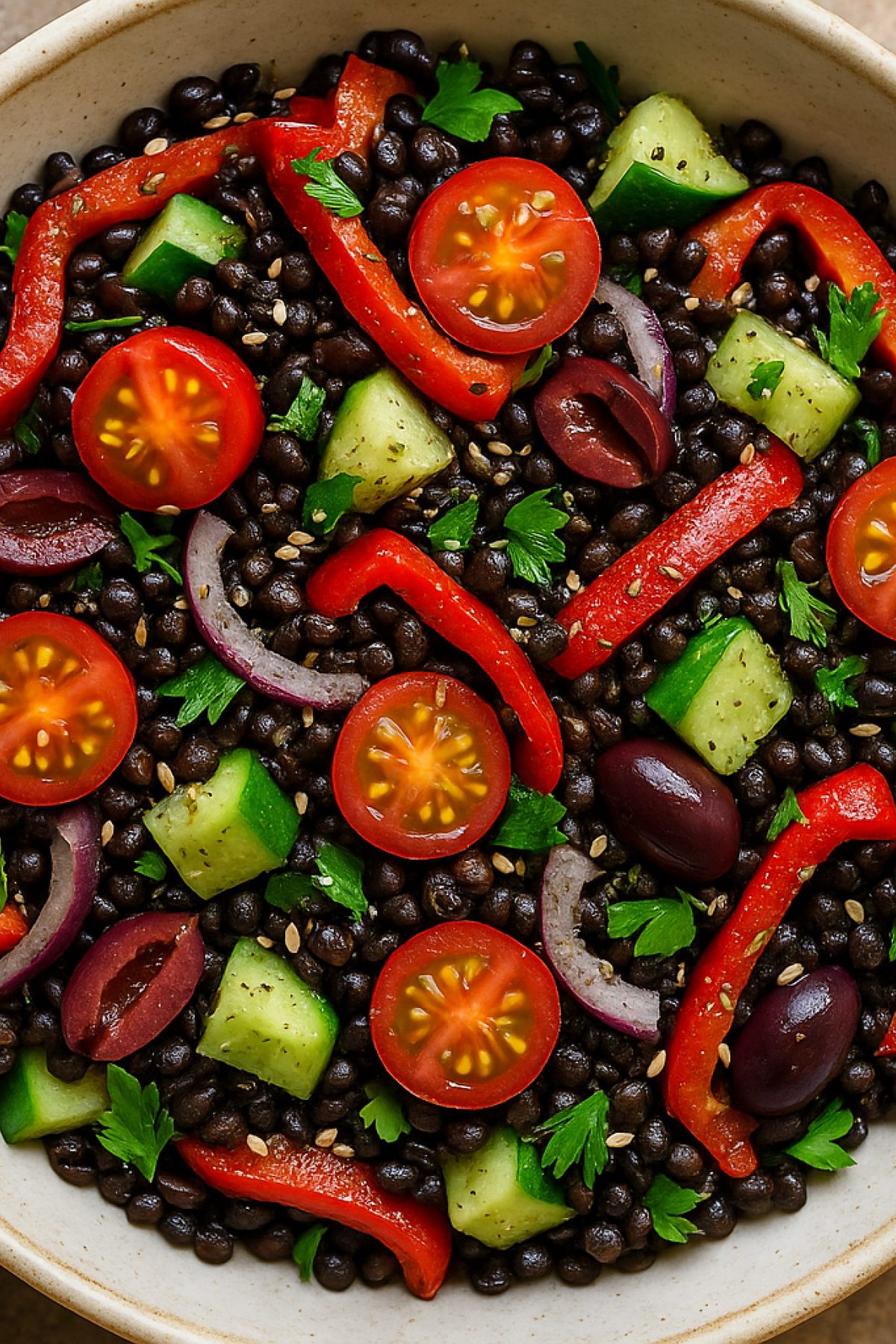 Slika jela 🖤🥗 Salata od crnog sočiva, pečenih paprika i maslina (za’atar dresing)