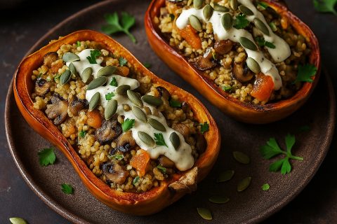 🎃🍄 Pečena bundeva punjena prosom, pečurkama i suvim kajsijama (tahini–limun sos)