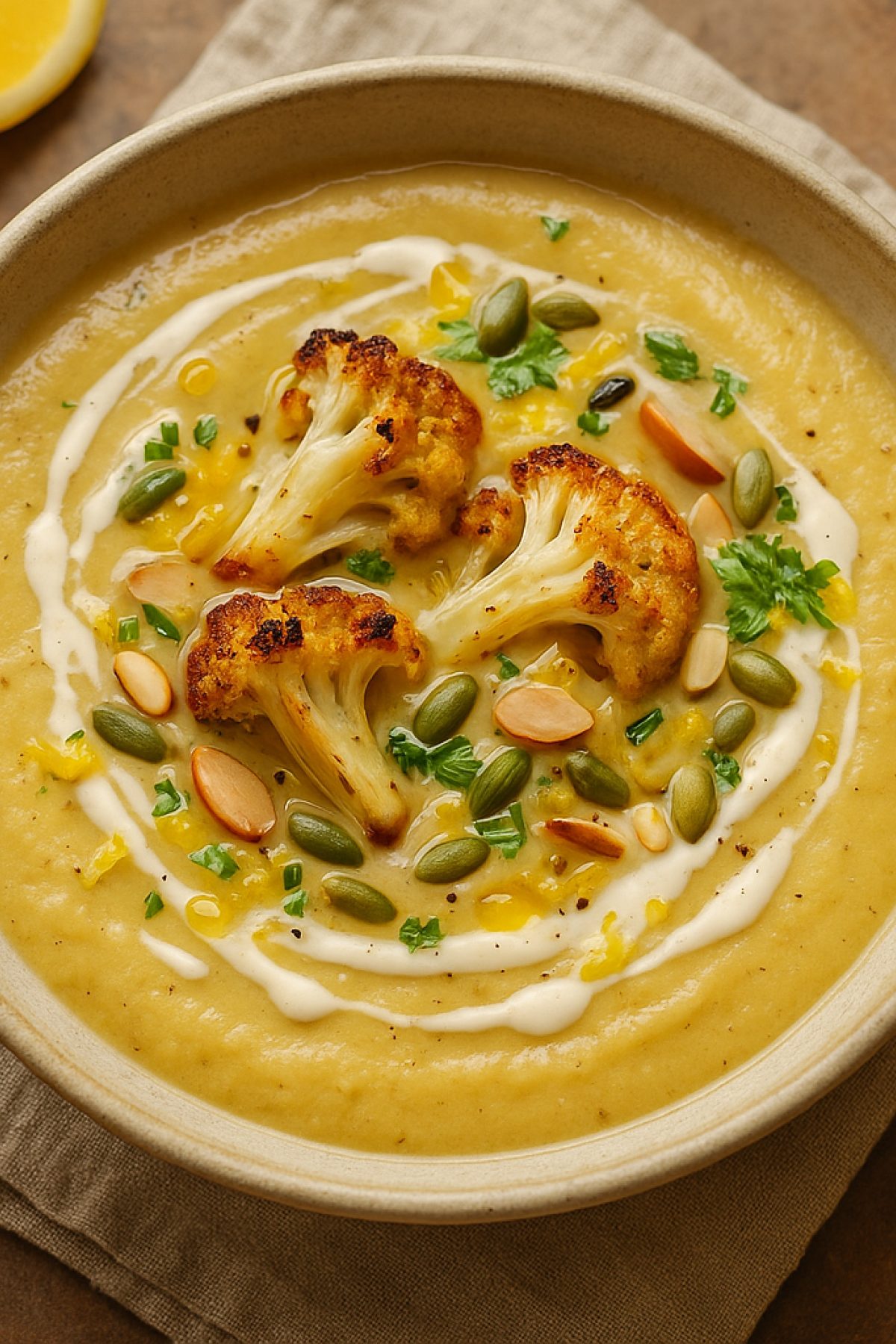 Slika jela 🥣🌰 Krem supa od pečenog karfiola i belog luka (tahini–limun finiš)