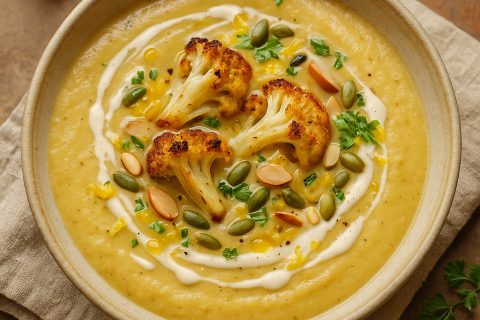 🥣🌰 Krem supa od pečenog karfiola i belog luka (tahini–limun finiš)