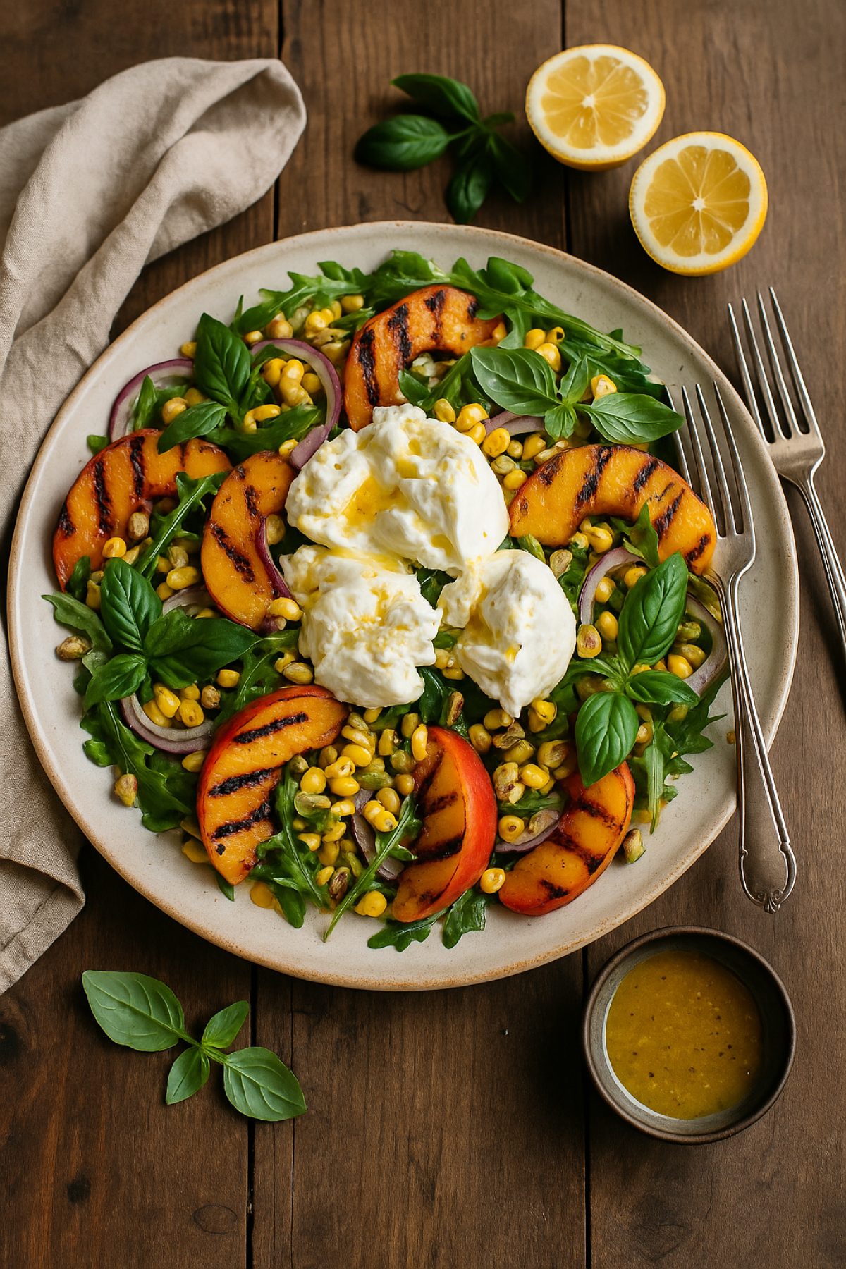 Slika jela 🌽🍑 Grilovani kukuruz & breskva salata sa burratom i bosiljkom