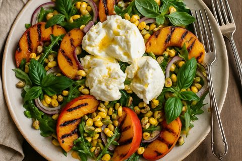 🌽🍑 Grilovani kukuruz & breskva salata sa burratom i bosiljkom