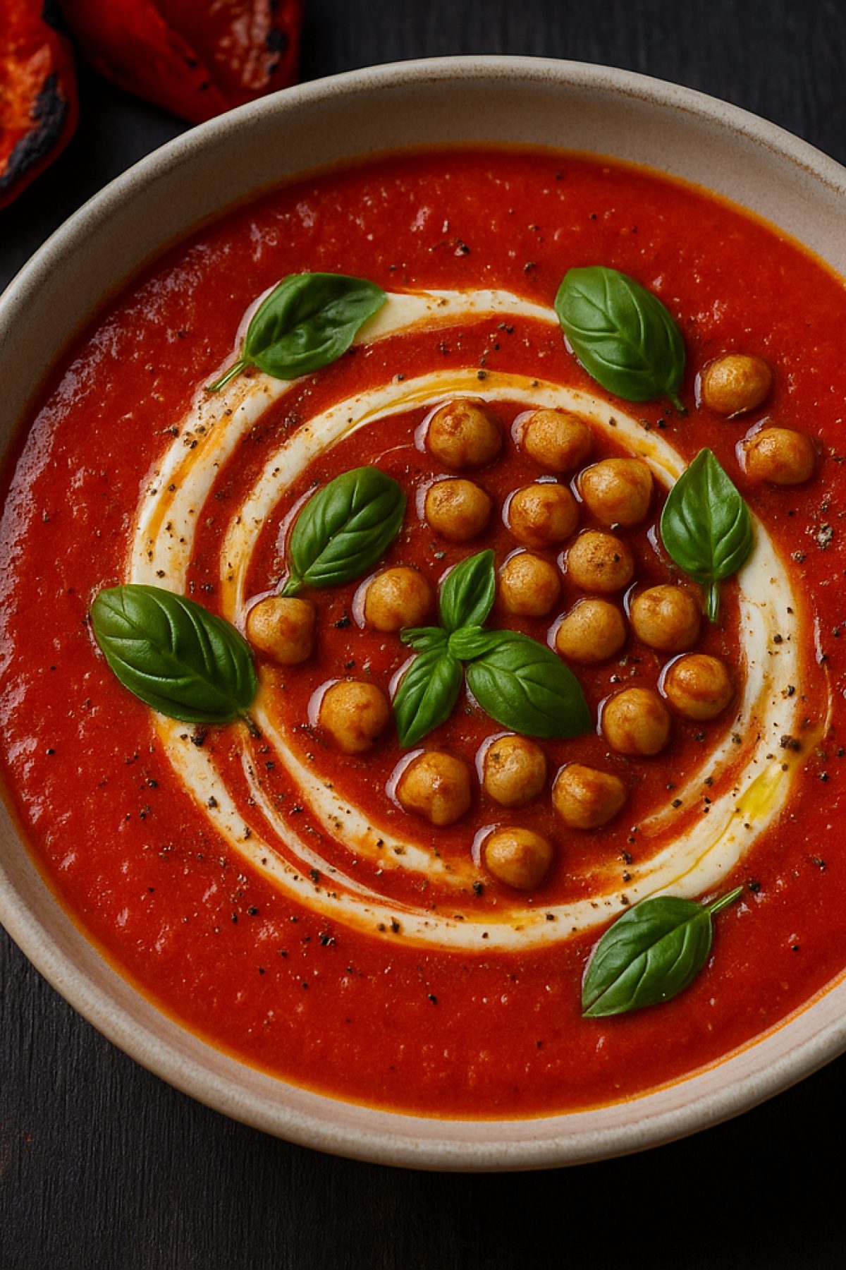Slika jela 🔥🍅 Krem supa od pečene crvene paprike & paradajza (hrskave leblebije)