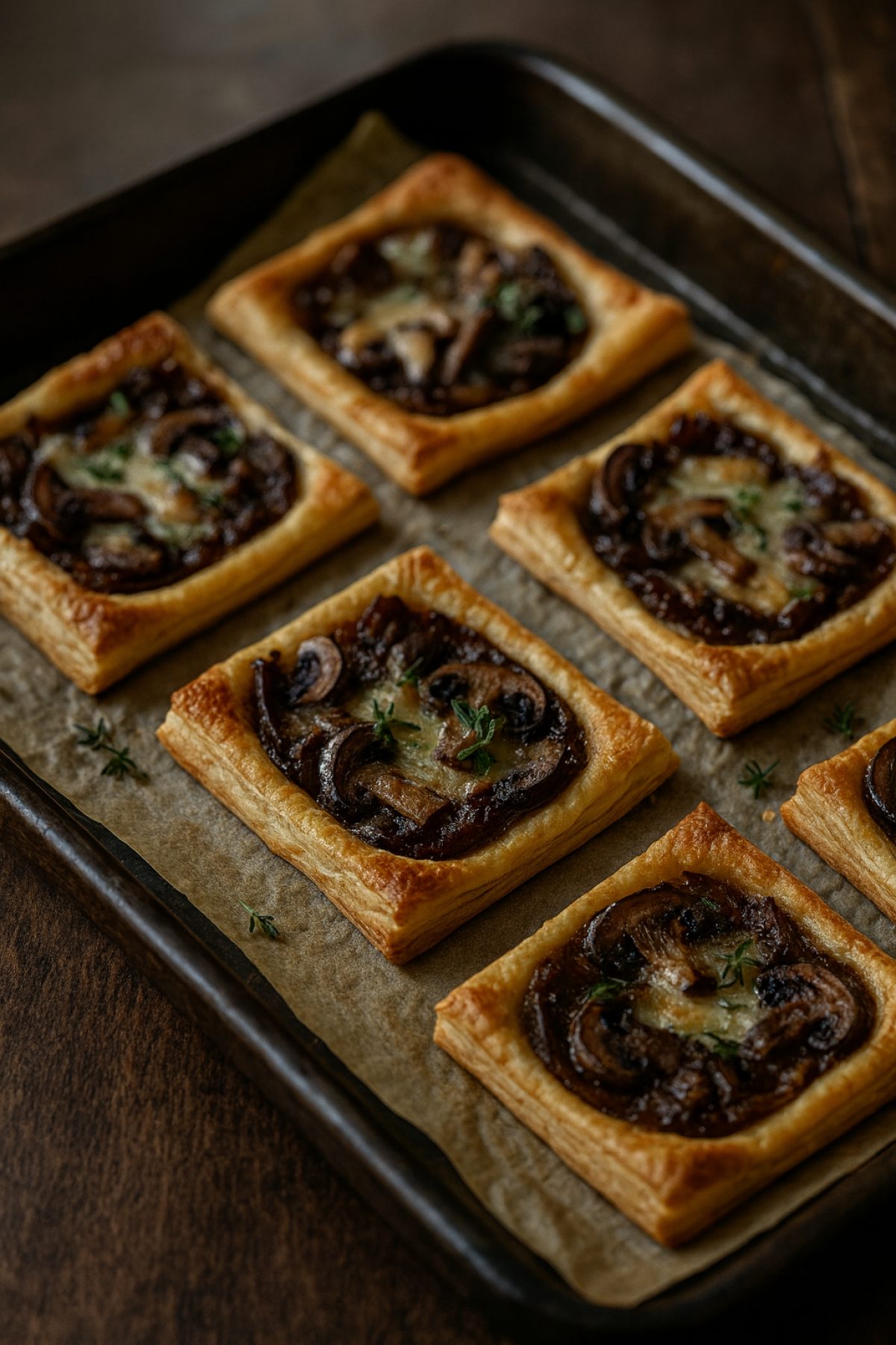 Slika jela 🥧🍄 Karamelizovani luk & pečurke tart (lisnato, timijan, dijon)
