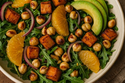 🥗🍊 Rukola & pečeni batat sa narandžom, avokadom i lešnikom (miso–javor dresing)