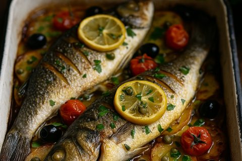 🐟🍋 Brancin na dalmatinski (pečen sa krompirom, limunom, vinom & kaparima)