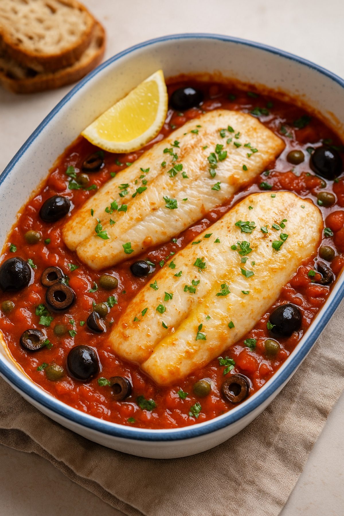 Slika jela Oslić u paradajz-sosu sa maslinama i kaparima – zapeči filete za 20 min 🐟🍅