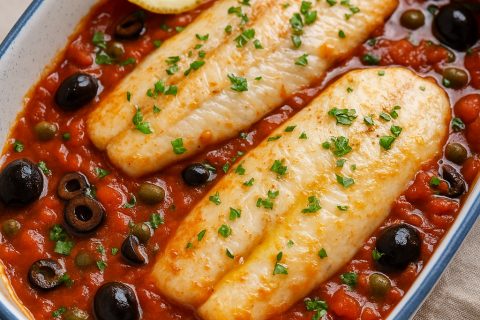 Oslić u paradajz-sosu sa maslinama i kaparima – zapeči filete za 20 min 🐟🍅