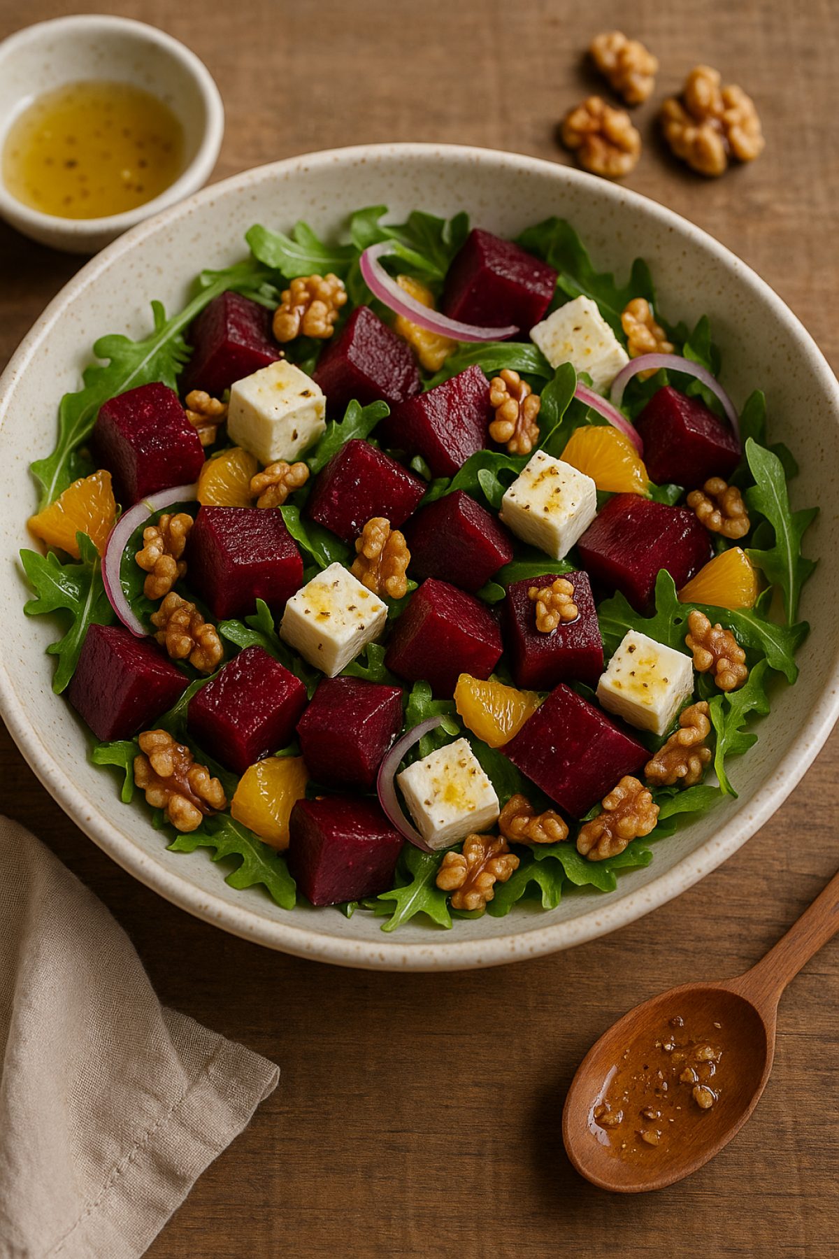 Slika jela Salata od pečene cvekle sa fetom, orasima i rukolom – ispeci, iseckaj, preliji i posluži 🥗💜