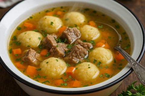 Teleća čorba sa griz knedlama – skuvaj svilu za nedeljni ručak 🍲✨