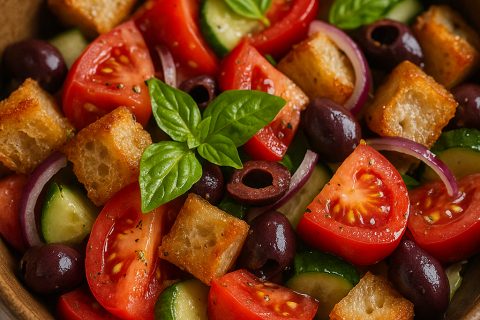 Panzanella – hlebna salata sa paradajzom i bosiljkom: iseci, tostiraj, prelij 🍅🥖