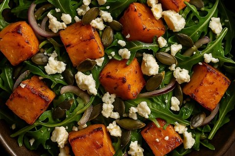 Topla salata od pečene bundeve, rikole i feta sira – ispeci, pomešaj, serviraj 🧡🥗