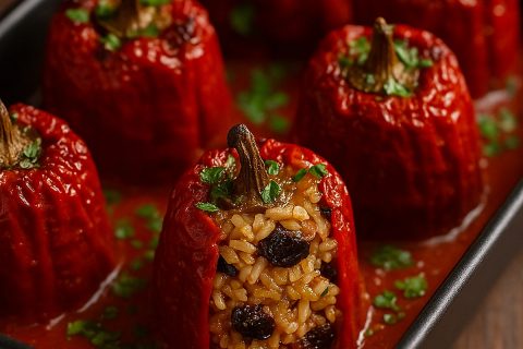 Posne punjene suve paprike sa pirinčem, prazilukom i suvim šljivama – napuni, zalij, zapeči 🌶️🍇