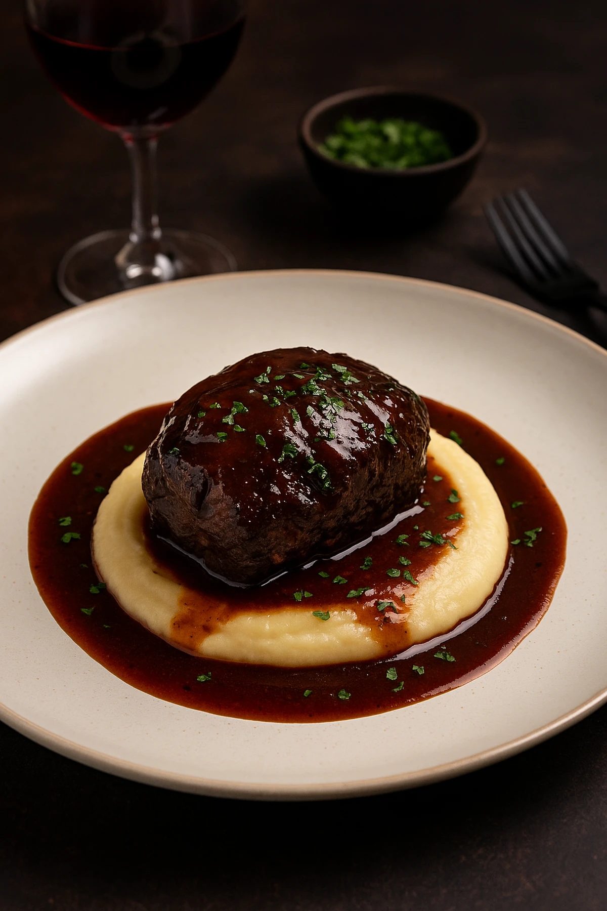 Slika jela Teleći obrazi u crnom vinu sa pireom od paškanata – fine dining kod kuće 🍷