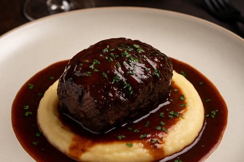 Teleći obrazi u crnom vinu sa pireom od paškanata – fine dining kod kuće 🍷